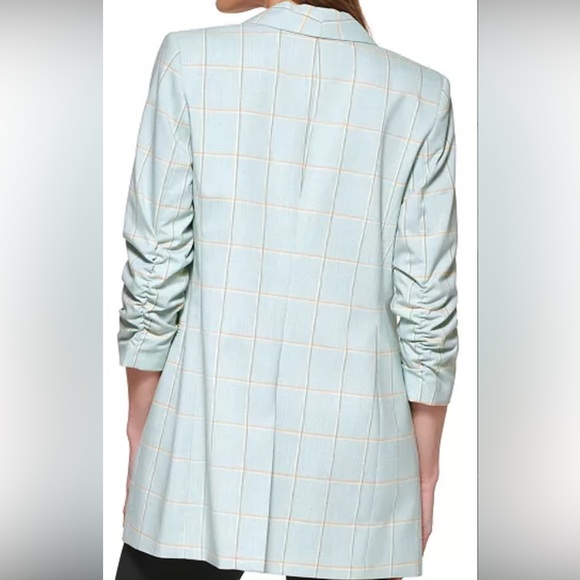 DKNY Mint Plaid Ruched Sleeve Blazer Size 10 Tailored Jacket - Picture 3 of 7